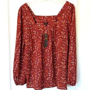 Lee Wms NWT Burgundy Floral Popover Top Square Neckline Size M Fall Cottagecore